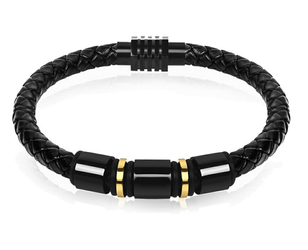 Leather Black Gold Stainless Steel Charm Bracelets for Men